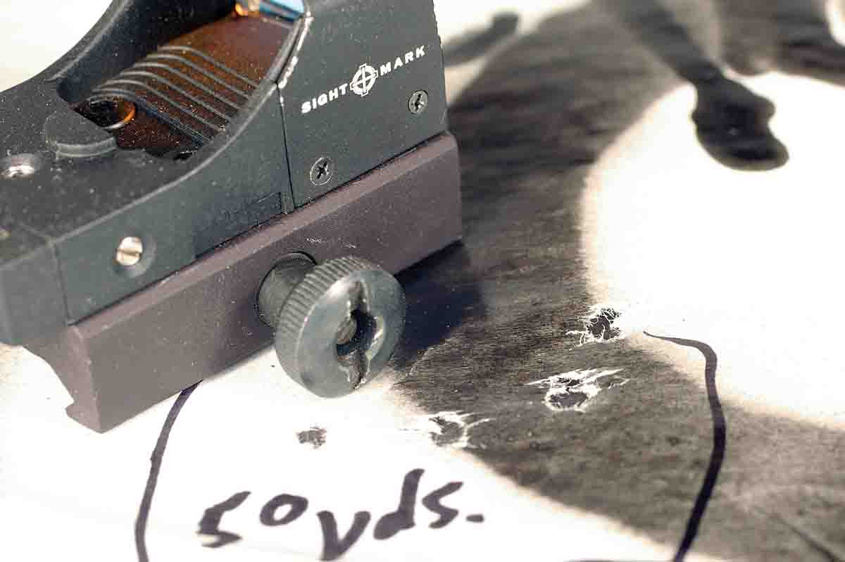 Mounted on the 10/22, a Sightmark Mini Shot reflex sight was used to shoot this five-shot group at 50 yards.